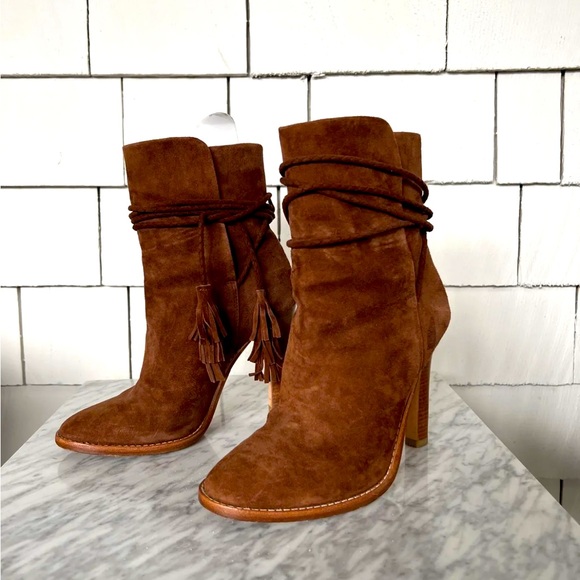 joie suede booties Boots Heels 38 8 Brown Tan Chestnut Tie Tassel - Picture 3 of 8